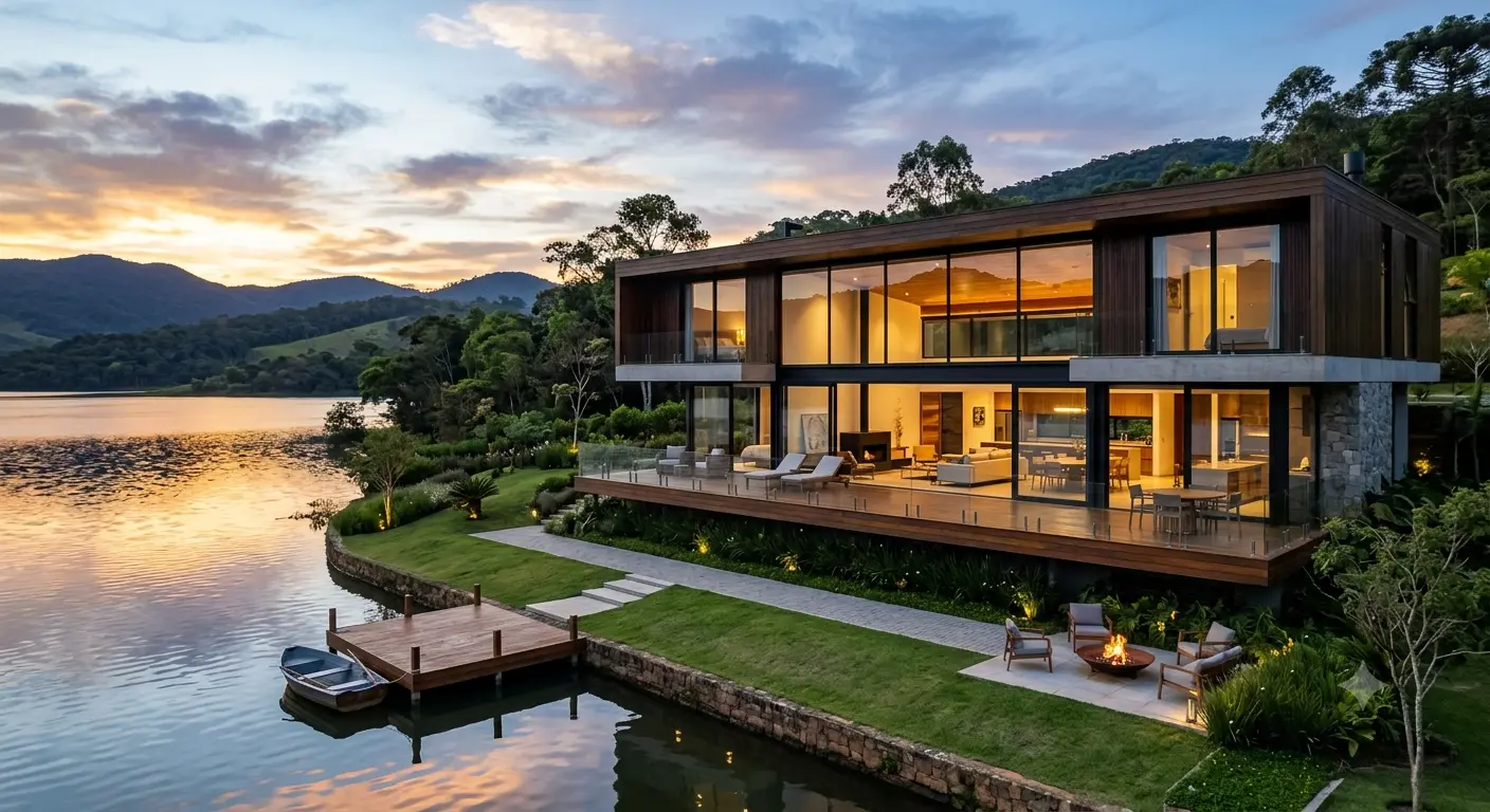Casa à beira de lago com vista para a natureza em Atibaia